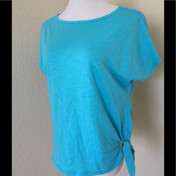 Turquoise top Michael Kors knit top short sleeve relaxed fit round neck - Picture 4 of 9